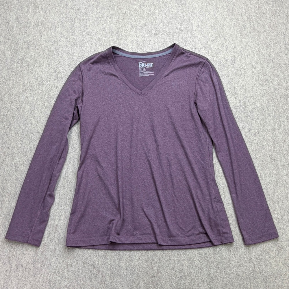 Nike Dri-Fit Shirt Women M V-Neck Long Sleeve Purple Athleisure Activewear Sport